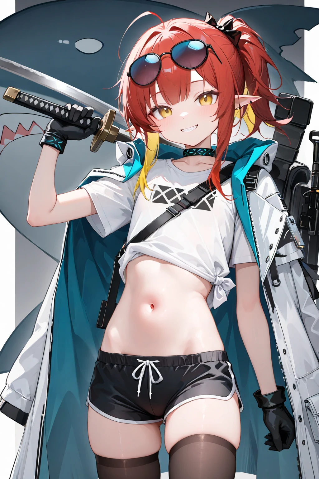 Red-haired girl, green eyes, pigtails, a wreath of horns on her head, a techno barbarian, a huge techno cannon in her hands, a huntress, bones on her body, insect plates, chitin, fur, small bones, light bones and red fur on her shoulders, dark leather stockings made of strips of cut leather on her legs, ropes and light bones on her body, thin panties, a small bra made of bones, bright red hair,  Decorations made of horns, fur - a cannon. instead of panties, a rope, instead of a bra, bones and chitin, fur shoulder pads and with chitin, a tail of hair on the back of the head looks up, a short haircut, a high-tech cyberpunk gun, the girl has green eyes, a playful look, a good-natured smile, a neat nose, tight panties, tight thongs, mini underwear, leaky underwear, torn fabrics, a lot of torn fabrics, a lot of holes in fabrics, a gun with a monster's head,  The barrel of the cannon in the form of a monster bursts out of its mouth flames. The girl has short hair, a ponytail at the back is short and looks up, fur shoulder pads, a jacket on the shoulders, a torn bra, the pubis is open, diagonal straps all over the body, powerful energy breaks out of the open barrel of the cannon, a bird's skull on the stomach, vertebrae on the edges of the stockings, cyberpunk, a cyborg girl