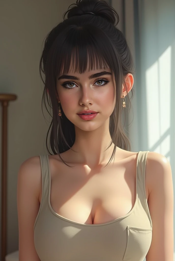 1girl, hair, breasts, cleavage, curtains, earrings, front-tie_top, jewelry, large_breasts, lips, looking_at_viewer, shirt, solo, tied_shirt, upper_body, shirt