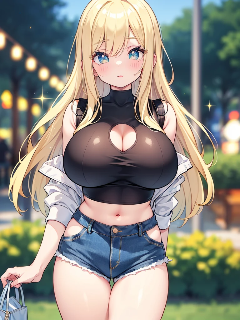 (big breasts, long hair)), (((anime girl))), daylight sunlight, ((full body)), mole on chest, ((shorts)), (extremely detailed 8k cg wallpaper), (extremely delicate and beautiful), (Masterpiece artwork), (the best quality: 1.0), (ultra resolution: 1.0), beautiful lighting, realistic shadows, [high resolution], Detailed aspects, ultra detailed, cleavage, mini black top, (detailed eyes:1.0, perfect eyes, blue eyes)