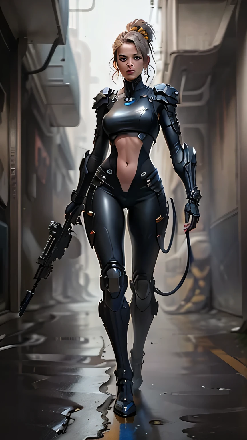 Realistic full body photo, from head to toe, a beautiful black African semi-mechanical fighter, wears a strictly protected volumetric mechanical exoskeleton, holding an awesome rifle, standing in a dynamic curved position, weaving, with a piercing navel, dnd art, whimsical dark cyberpunk, science fiction, mechanized precision, large canvas painting, rough surfaces, exquisite details, photorealistic, futuristic dystopian setting