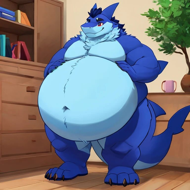huge filesize,wallpaper,crocodile,blue skin,bow,solo,nude,blush,standing,smile,looking at viewer,full body,depth of field,in autumn,front view,nature,plump,<lora:more chubby:0.7>,