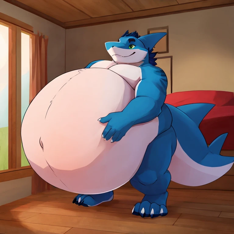 (chubby male shark cub), sitting in a pillow at night, nude, penis, fat pad, belly overhang, smile, shortstack, duo, 2boys, anthro, double chin, chubby thighs, crescent moon, stars in the sky, pastel colors, facing front, open eyes, belly rub,