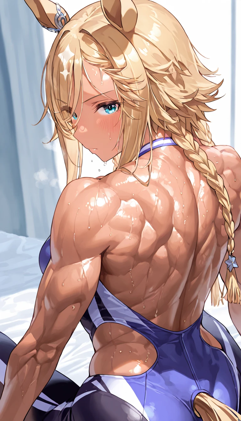 Very detailed、highest quality、Best image quality、masterpiece、8k、Sparkling blue eyes、Anime Face、A kind smile、(Open your mouth)、(Blonde long hair:1.5)、(SFW Giant)、Rear View、Cowboy Shot、(White Thong:1.5)、(Muscles of the whole body)、Horn、Professionally、(Beautiful ass:1.3)