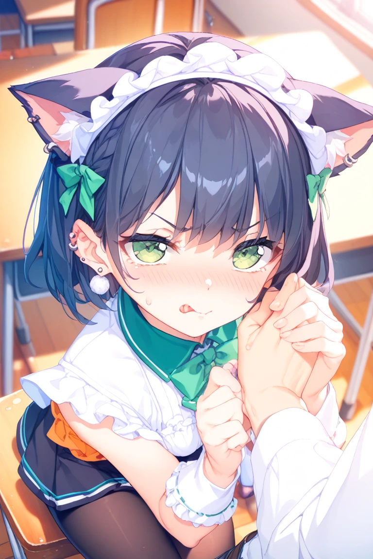 Score_9, Score_8_up, Score_7_up, Score_6_up, Score_5_up, Score_4_up, anime style, source_anime, 1girl, karyl, animal ear fluff, animal ears, black hair, black ribbon, cat ears, cat girl, cat tail, fang, green eyes, hair bow, long hair, low twintails, multicolored hair, purple bow, ribbon, skin fang, streaked hair, tail, twintails, vertical stripes, white hair, [[shit]], cute, wet shit, penis, wet penis, horny, excited, heavy breathing, torogao, licking penis