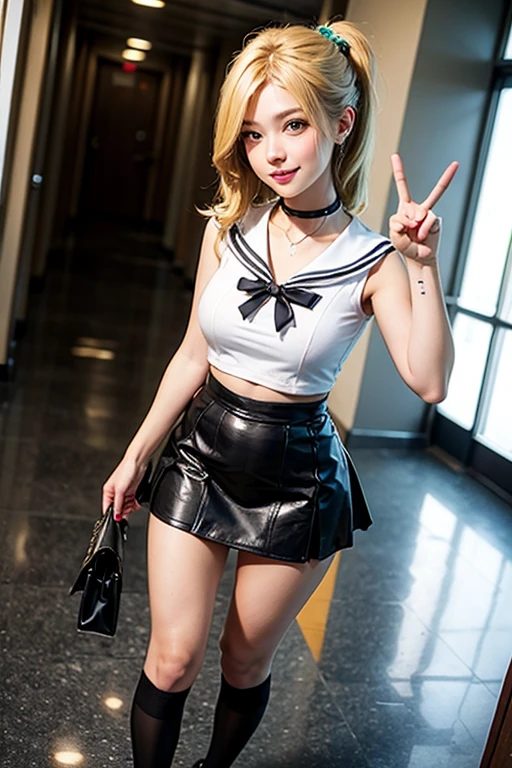 1girl, (Blue Eyes), (smiling :1.2), (Sana Minatozaki), (wide hips), Big tits, (big ass), (thin waist: 1.2), (thick and toned thighs :1.1), (Best Quality, 8k, Masterpiece: 1.3), Clear Focus: 1.2, Perfect Body Beauty: 1.4, strong abs, Highly detailed face and skin texture, detailed eyes, double eyelids, detailed skin, (blonde long straight hair), (black tanktop :1.2), microskirt, (black pleated skirt :1.3), police hat, policewoman, ((standing looking back)), ((view from back)), ((view from below :1.2)), in a police station