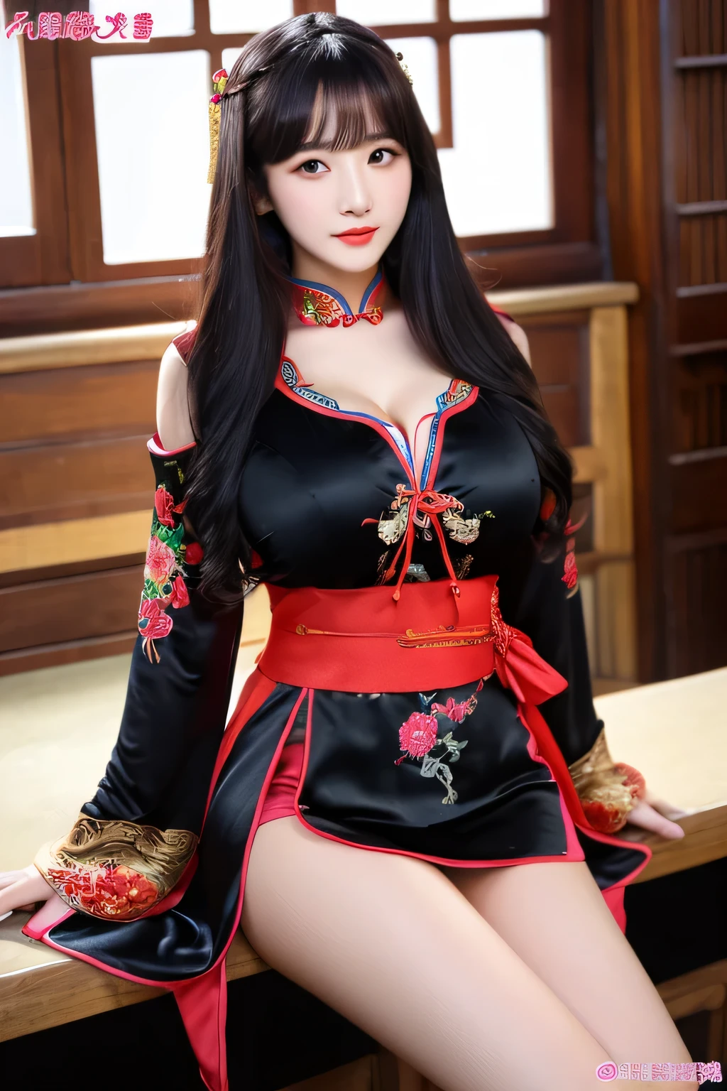 Park rose in black pink kpoop, with long red hair, blamga skin and big bust, with traditional chinese clothing