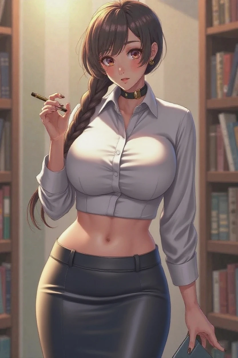 masterpiece, best quality, finely detailed, 1 girl, full body photos,facial expression of patience,(Hair tied up at the back of the head), (bishoujo),(furrowed brow),(disapproving expression),(I want you to show me your pants while making a disgusting face), (fair skin),(brown eyes), (eyelashes), (huge breasts), (cleavage), (blue ladies' shirt:1.2), (mini office skirt:1.2),(white skirt), (pure white panties:1.2) ,can see panties, delicate interior design,legs open emphasis,erection,white walls, in library,tall，Clean forehead