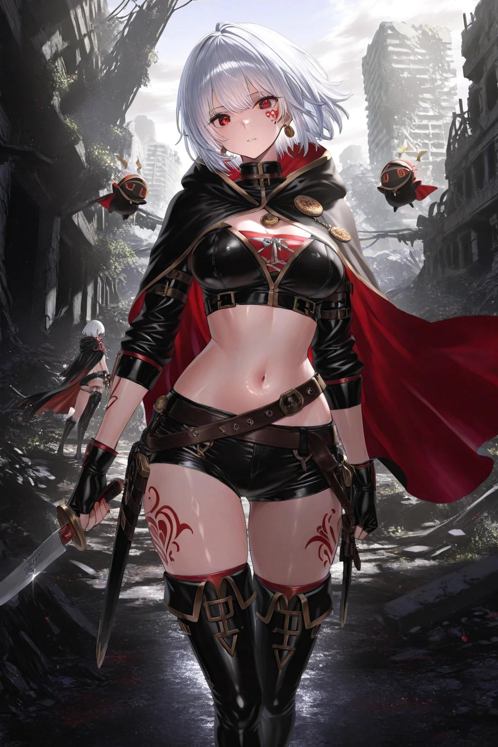 full body photo, grey skin, drow, elf, 1girl, mature, golden eyes, white hair, black bikini, abs, big knockers, tatter rags, chain collar, stomach tattoo (red tattoo) big breast
