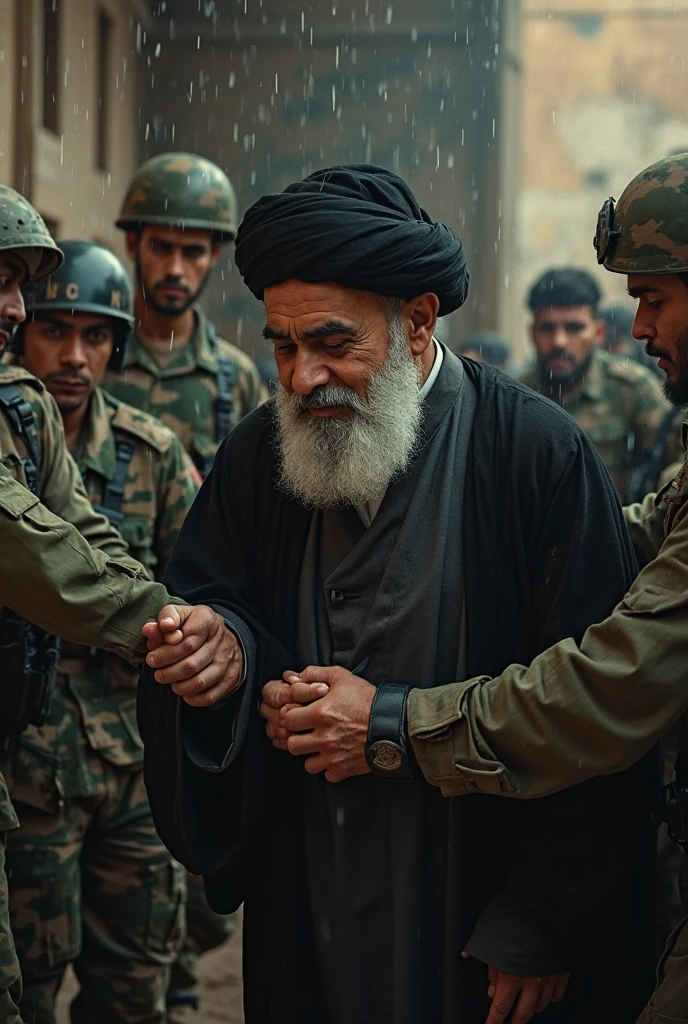 A Baloch old man offering prayer and armed forces surrounding him