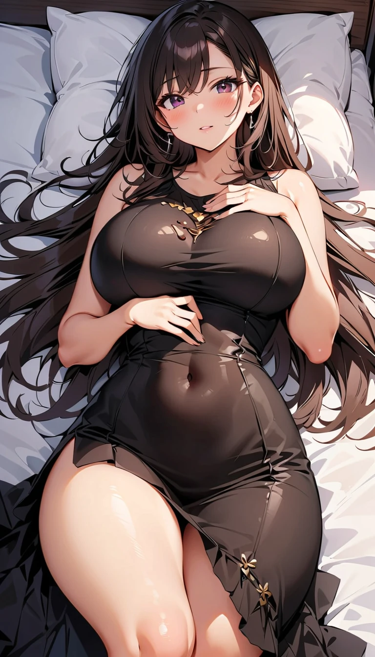 1girl, fox girl, fox ears, fox tail, dark brown hair, green eyes, sexy, mommy, thick thighs, enormous breasts, hard , sfw, dress, mature woman,