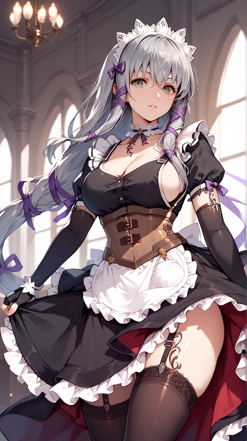 Everyone shows girls,Blue-white eyes,Blackn clothes,Royal sister,Long blue hair,Braids,With a long gun,closeup cleavage,wearing hat,lady