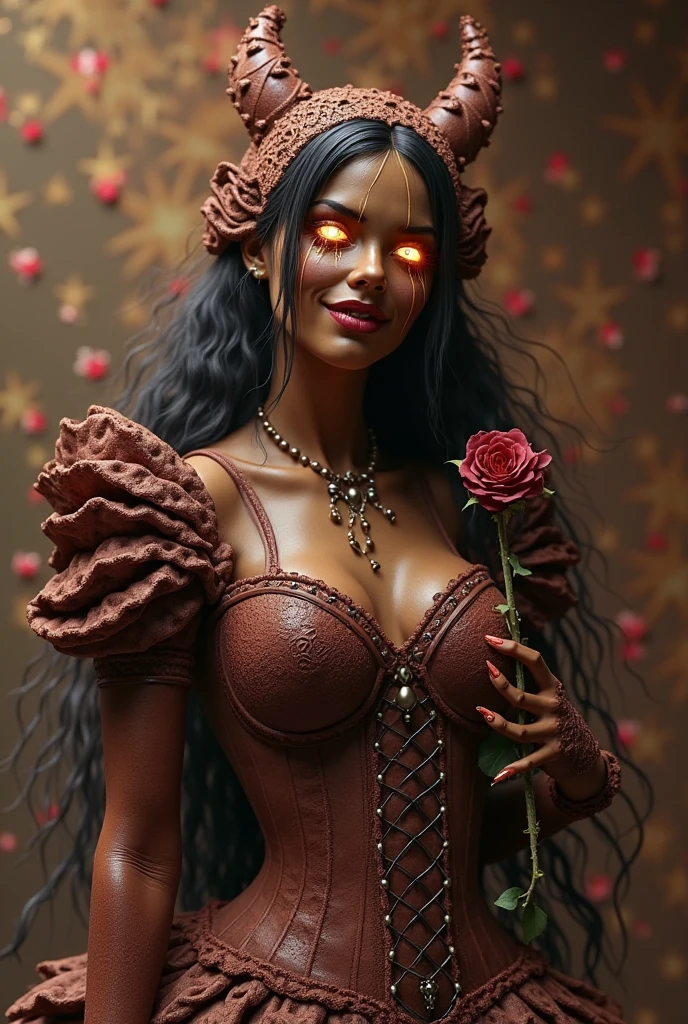 red-skinned Tiefling woman" | muscular | dark red skin | short_neck | curly_dark_hair | piercings | jewelry | boho fashion | coily_hair black_background | hyperrealism 3D anime_realism hyperreal_textures Caravaggio | trending on artstation | deep color | red cyan orange yellow green lilac | beautiful | perfect eyes | elegant | iridescence | sparkle | magical fantasycore |volumetric lighting semireal flowers | dark deep depth rustic