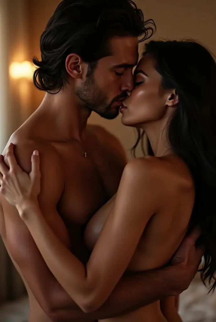 Petite woman, big man, taking a shower together, man behind woman, boobs on glass big boobs, long black hair, fullbody 