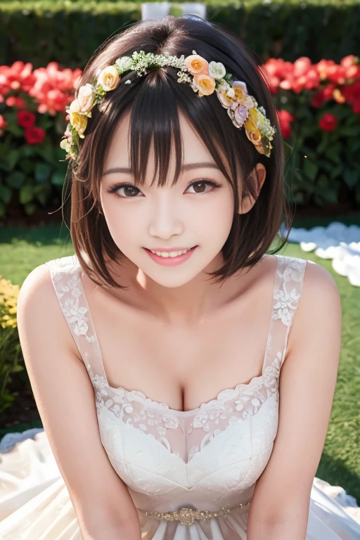 masterpiece、super high quality、crystal clear、RAW UHD format、18-year-old princess、Photo of a beautiful girl fighting evil、（(Beautiful body forged through training、sports girl)）、healthy beautiful girl、(Tired smile、sleepy eyes)、droopy eyes、high resolution glowing eyes、(((perfect anatomy)))、(Gravure photography)、crystal clear、clear、shallow depth of field、cute face、blurred background、Small pores in the skin、oily skin、complicated eyes、fine skin、((Berry short hair、brown hair))、(((short hair、messy hair、messy hairstyle)))、(((no makeup、Face and chest covered in semen and sticky liquid..)))、(((sweaty skin、Sperm in the skin)))、(((Adult video heroine ninja high school girl)))、cute smile、A special smile、 photo realistic:1.4), (hyper realistic:1.4), (realistic:1.3), (smoother lighting:1.05), (Improve the quality of movie lighting:0.9), 32k, 1 girl,20 year old girl, realistic lighting, Backlight, light shines on your face, ray tracing, (bright light:1.2), (Improvement of quality:1.4), (Highest quality realistic textured skin:1.4), fine eyes, detailed face, high quality eyes,fine skin texture (smile)、(very short hair、Berry short hair), (Enhances the mood of your body line:1.1), (Enhances the beauty of skin texture:1.1) (very small breasts、very small areola、small nipples)、sweaty skin、、、(((garter belt、garter ring、garter stockings bright flowers々surrounded by 、A lot of beautiful flowers、surrounded by flowers、The background is all flowers、Colorful beautiful flowers surrounded by a floral background for an indoor  atmosphere。)))、