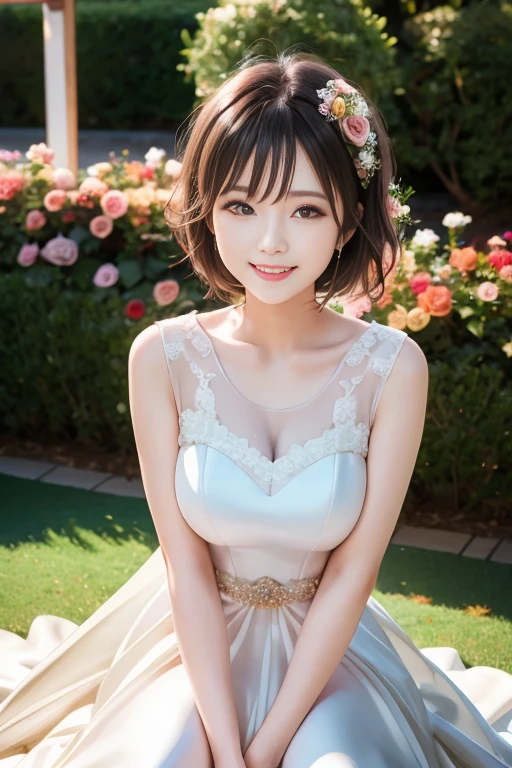 (nsfw), sexy stylish Thai model, only 1 female, ((doll-like appearance)), short Auburn stylish hair, ((shiny Victorian-Style boots)), (big smile), ultra detailed eyes, vivid eye makeup, lip-gloss, long lashes, defined eyebrows, ((sexy Paradise Kiss cosplay)), bell-shaped skirt, petticoats, high neckline, puffed sleeves, ((ultra detailed lace)), ((ultra detailed embroidery)), intricate details, Paradise Kiss accessoires and matching headpiece, choker, ((large sparkling Paradise Kiss jewelry)), cinematic light, detailed large park background with trees