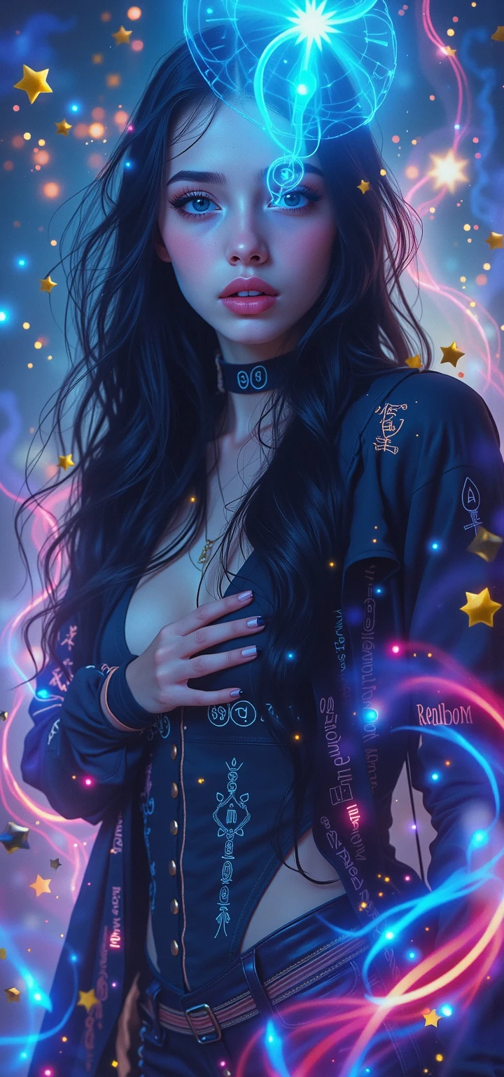Porcelain doll rockstar wearing leather jacket, bracelets, necklaces, masterpiece, spiral galaxy eyes, squid goddess, tendrils, dark iridescent hair, translucent, subsurface scattering, tiny dewdrops, oil slick rainbows, eyelashes "PxrMarschner", portrait, hyperrealistic, V-Ray, provocative, sensuous, voluptuous, body tattoo, topless, seductive look, tirant la langue