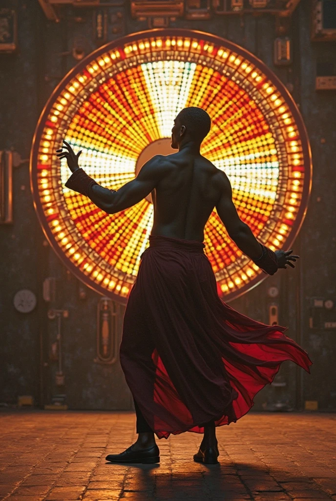 Black man swordsman standing on a reflecting surface, cutting silver spherical balls floating around him, light bouncing on the silver balls creating multiple diagonal spotlights, black and white imagery greatly inspired by Germany expressionism art, 32k, ultra HD, beautiful cinematic art work