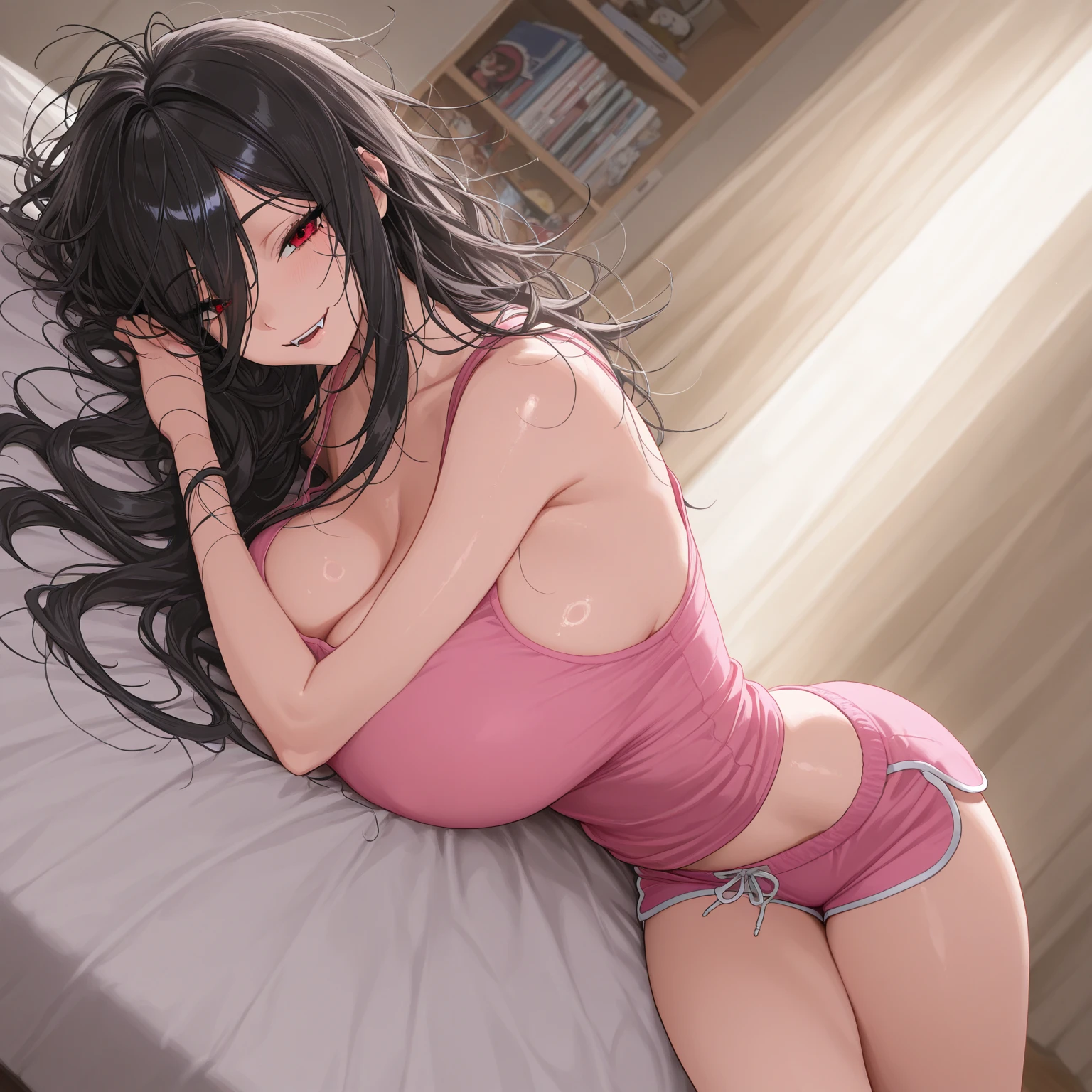 ((アニメ)) There is a woman, very sexy, sitting on the floor, cute face with arms and legs, exposed thicc thighs!!!, Attractive posing, slightly overweight, sutiã e shorts streetwear, 24 years, thicc thighs!!!!!!, profile image, looking at you, challenging and daring look, Sitting in bed, pose sexy, with tattoos on the left arm and tattoos on the right leg, very pose sexy, sitting on a bed, posing on bed, satisfied pose. feminine silhouette, traços finos de アニメ e capturado por traços finos e altamente coloridos, high color variation, sharp contrast, shadow and light (fancy)