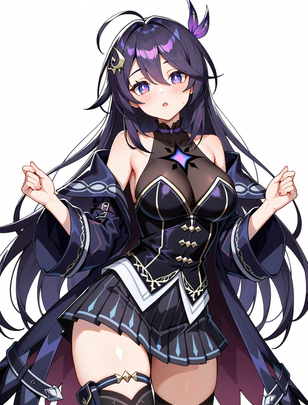 {{masterpiece}}, {{{best quality}}}, {{ultra-detailed}}, {{illustration}}, {{{1girl}}}, short hair,purple eyes,black hair,idol costume
