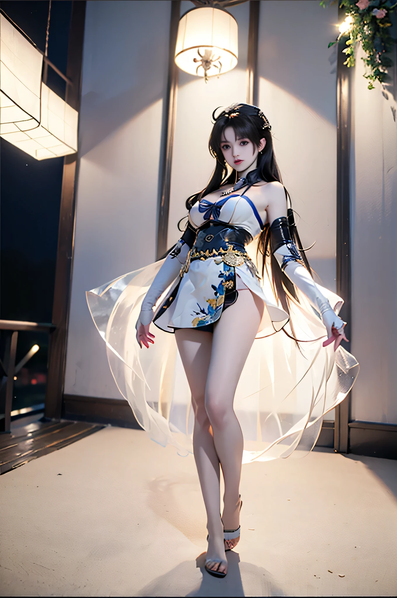 Best quality ,Masterpiece,Ultra High Res,(Photo Realistic:1.4), Photo quality, overall live-action, One girl in a white cheongsam with wide open back, full body Xianxia, beautiful empress, Gwise, anime goddess, palace, Han-style girl, ((beautiful fantasy empress)), seductive girl, Royal elegant pose, Japanese-style room with lanterns in the back, fantastic night view can be seen from the window, neglected girl, Kiyohime, kneeling and looking back with her buttocks turned, left hand stretched forward, tatami Japanese-style room, fantastic night view outside the window, cute face of a real woman, body facing right, sexy pose showing back, time is midnight, cheongsam with a deep white slit, barefoot soles are visible