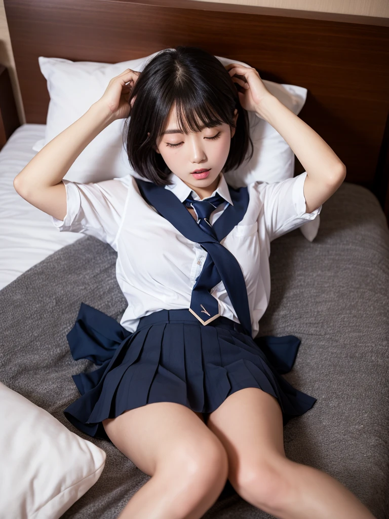 8k,masterpiece,With tears Japanese,9-year-old girl,Crying face, Big tears cute,Innocent face,Innocent,Kind eyes,Childish,A plain white shirt with a wide open chest uniform Clothes that show your body lines Short sleeve,Blue checked short skirt,semi-long,Hair blowing in the wind,Black Hair,Somewhat strong wind,noon,bright,Lying down I can see your white panties Inner thighs Spread your legs Pure Pure white bed Beautiful pussy
