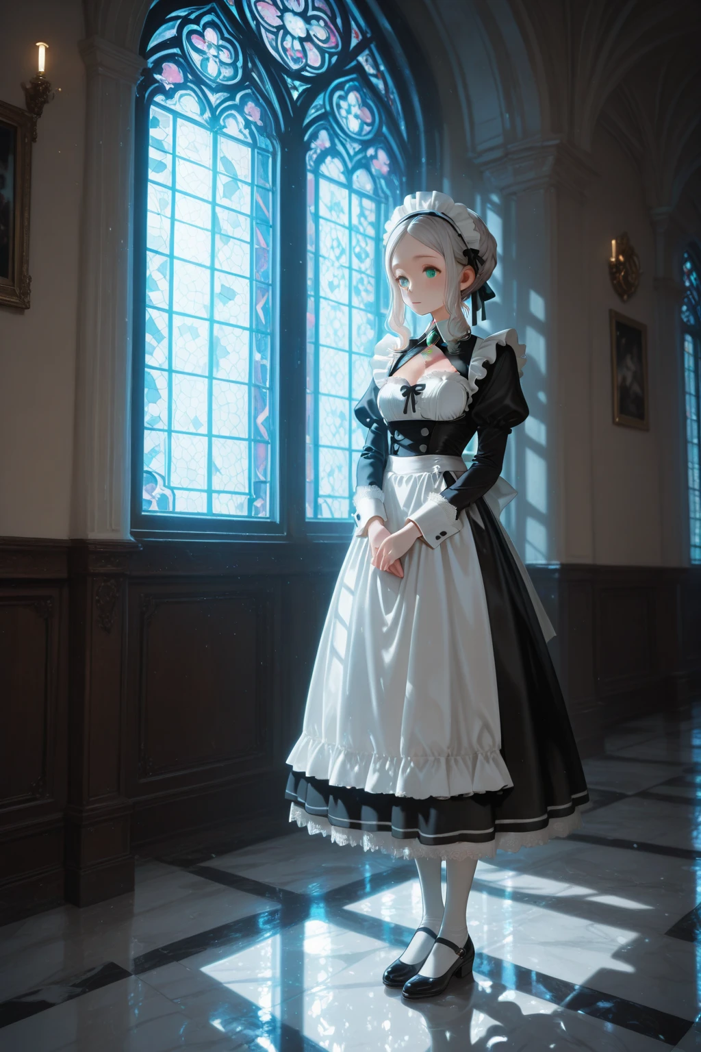 masterpiece, best quality, <lora:TesseLombrozo:1>,1girl, solo, hair over eyes, blonde hair, long hair, maid, pantyhose, simple background, apron, white background, full body, long sleeves, maid headdress, white pantyhose, oekaki, robot ears, dress, bangs, blunt bangs