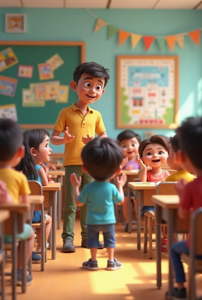 In cinematic 3d cartoon style' Classroom Scene: "A lively classroom filled with students, some laughing and whispering while a teacher is writing on the blackboard. The students are sneaking in conversations with grins on their faces, capturing the essence of playful school days. The classroom is vibrant, with wooden desks, books, and colorful posters on the walls. The teacher appears focused, unaware of the students' chatter, creating a nostalgic vibe of mischievous moments."