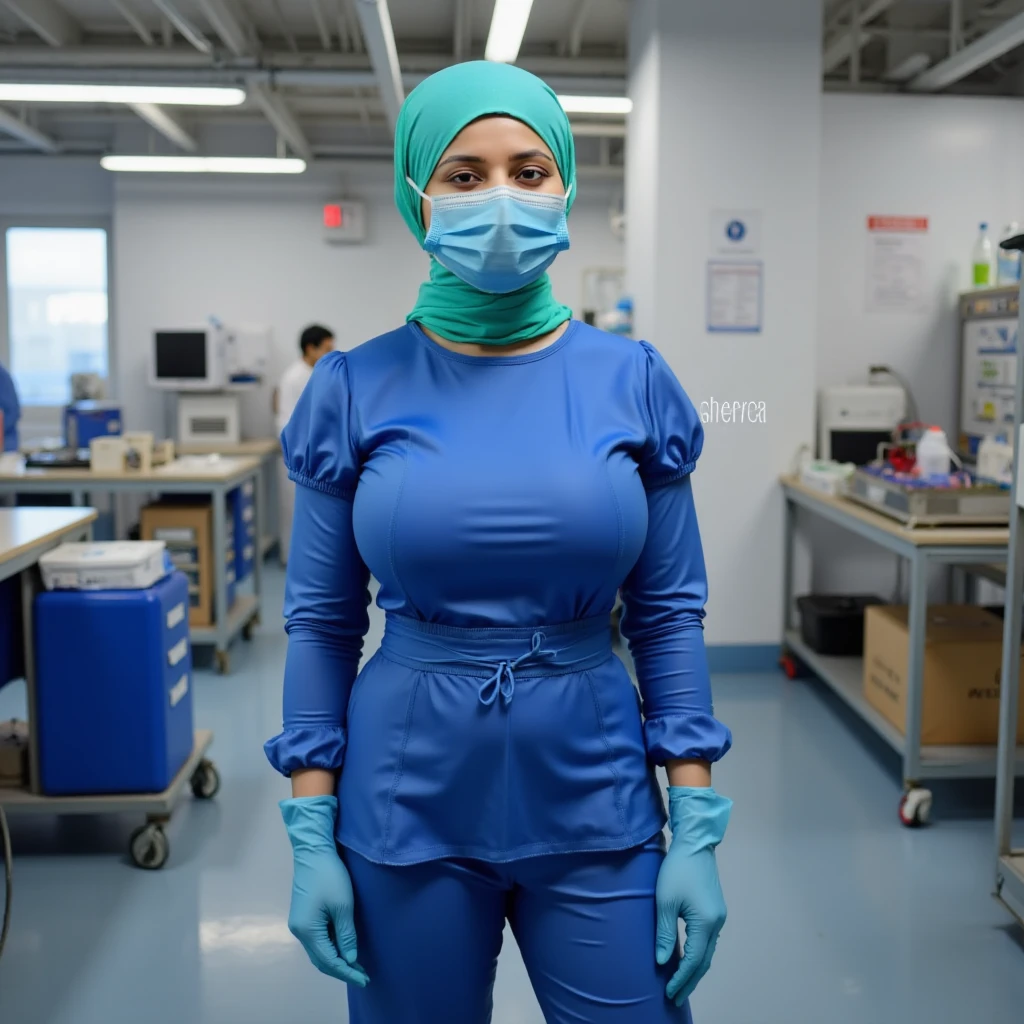 1woman, solo, nurse, nurse cap, white wear, ((red legwear, zettai ryouiki)), white gloves, forehead, long hair, green hair, pink eyes, ((white surgical mask, covered nose)), standing, ((hospital room)), sharp outline, short sleeves, mature female, 20 years old, best quality, masterpiece