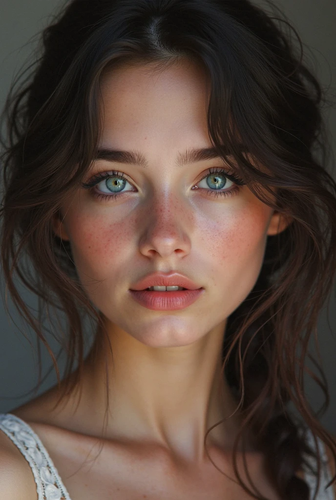 beautiful lady, freckles, dark makeup, hyper detailed photography, soft light, head and breast portrait, cover,, best quality, (detailed beautiful face, detail skin texture, ultra-detailed body:1.1) brown hair, hazel eyes 18 year old teenage girl