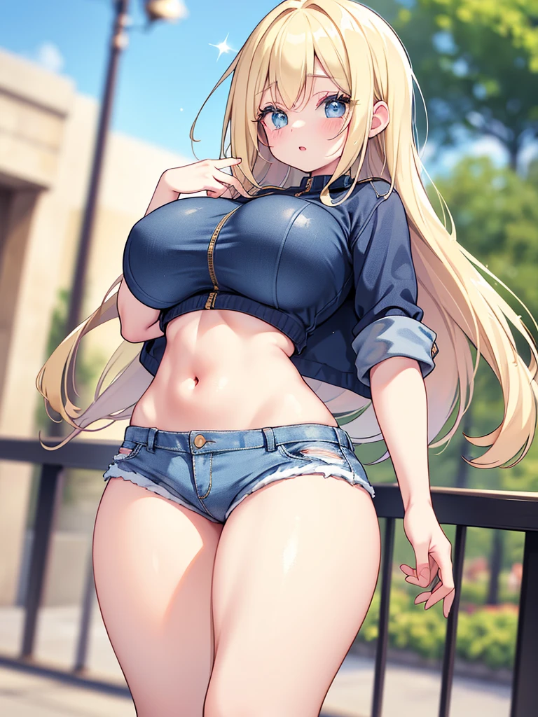 front view detailed body, long belly , curvy body, tight body , thicc, large breast, breast, long thighs, masterpiece, long hair, very long hair, bangs, blonde hair,side ponytails, lucy heartfilia, blonde hair, twintails, hair_between_eyes, cowboy shot, front shot, looking at viewer, black shirt, crop top, denim, short denim, hot pants , night , city, outdoors, thong, navel, hand on hip, stockings, 20yo,Young female,Beautiful Finger,Beautiful long legs,Beautiful body,Beautiful Nose,Beautiful character design, perfect eyes, perfect face,expressive eyes, looking at viewer,(Full_body),(Focus on her face), official art,extremely detailed CG unity 8k wallpaper, perfect lighting,Colorful, Bright_Front_face_Lighting,shiny skin, (masterpiece:1.0),(best_quality:1.0), ultra high res,4K,ultra-detailed, photography, 8K, HDR, highres, absurdres:1.2, Kodak portra 400, film grain, blurry background, bokeh:1.2, lens flare, (vibrant_color:1.2) (Beautiful,large_Breasts:1.4), (beautiful_face:1.5),(narrow_waist), facing the viewer