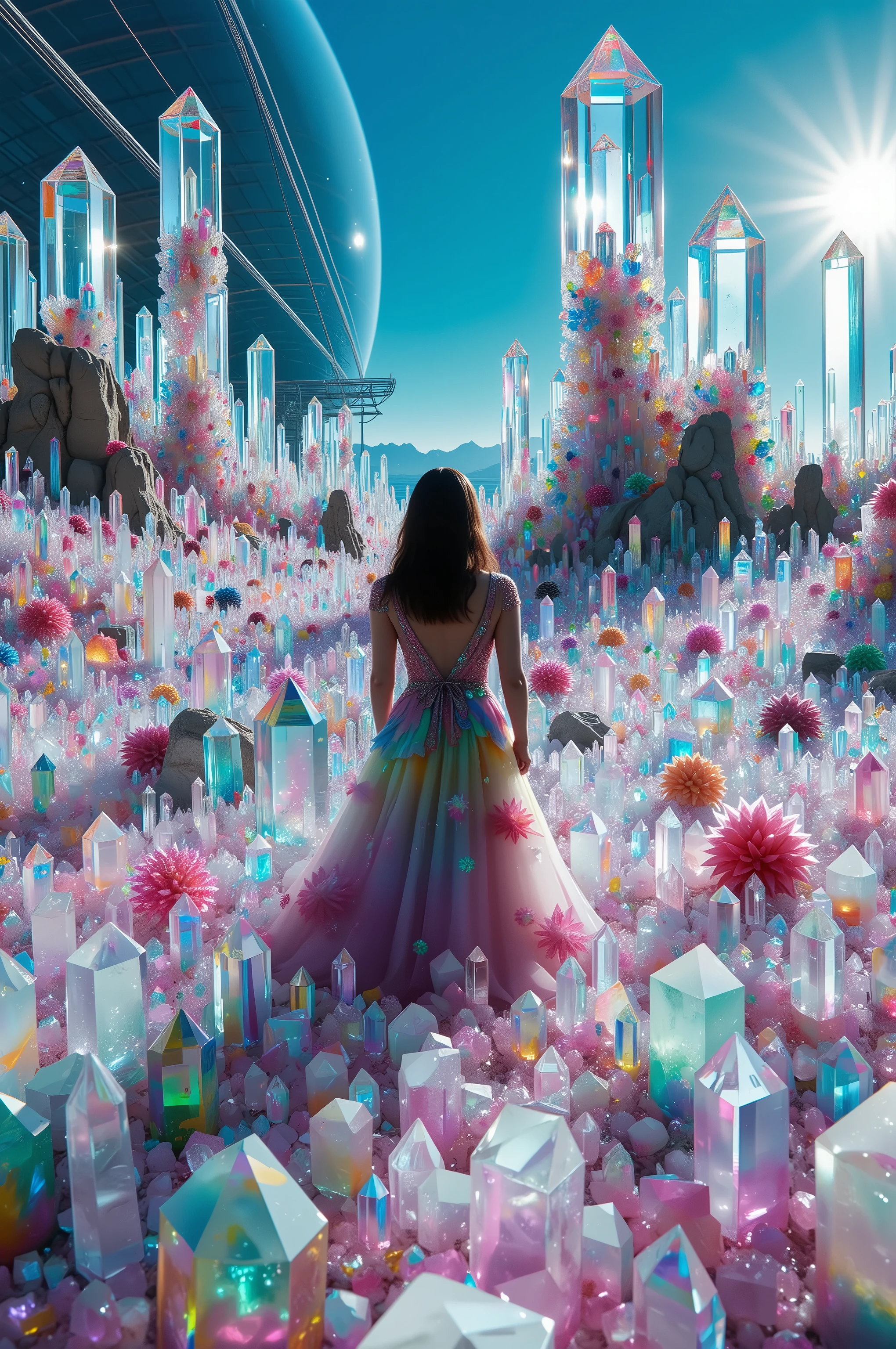A strange planet far away from earth where every square inch of land is completely covered with translucent multicolored and clear quartz crystals. Hundreds of millions of them coverage landscape like a magic blanket, highly detailed,photorealistic,8K,HDR,physically-based rendering,professional portrait,dramatic lighting,ethereal atmosphere,fantasy,magical realism,ultra-crystalistic, iconic character, icon style and poses,professional masterpiece.