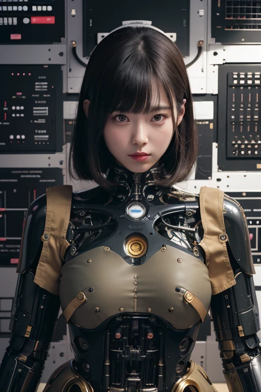 masterpiece, best quality, extremely detailed, Japaese android girl,portrait,Plump,a bit chubby,control panels,android,Droid,Mechanical Hand, Robot arms and legs, Black hair,Blunt bangs,perfect robot girl,long tube,thick cable connected her neck,android,robot,humanoid,cyborg,japanese cyborg girl ,robot-assembly plant,She is assembling now,assembly scene,camera eyes,chest monitor