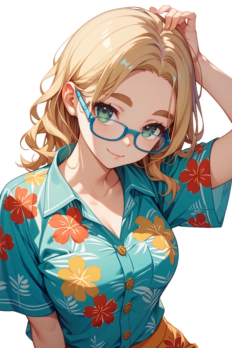 Anime girl, portrait style, black background, long light blonde ponytail, bright turquoise eyes,black glasses, luau outfit, tropical outfit