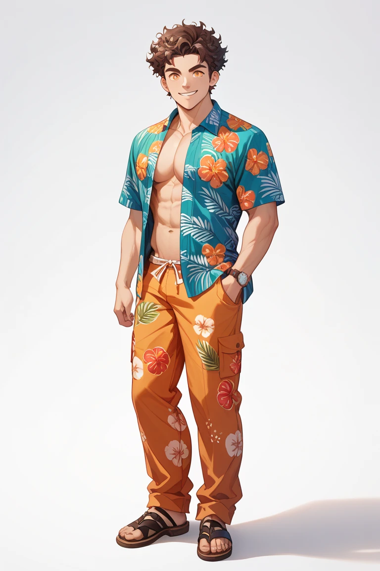 score_9,score_8_up,score_7_up, solo male, Ryoma Arakai, blond hair, two-tone hair, slicked back hairstyle, undercut, grey eyes, pecs, abs, orange hawaiian shirt, open shirt, brown shorts, smile, adult, mature, masculine, slim, tone body, handsome, charming, alluring, standing, upper body, perfect anatomy, perfect proportions, best quality, masterpiece, high_resolution, dutch angle, cowboy shot, beach, palm<lora:EMS-392012-EMS:0.800000>