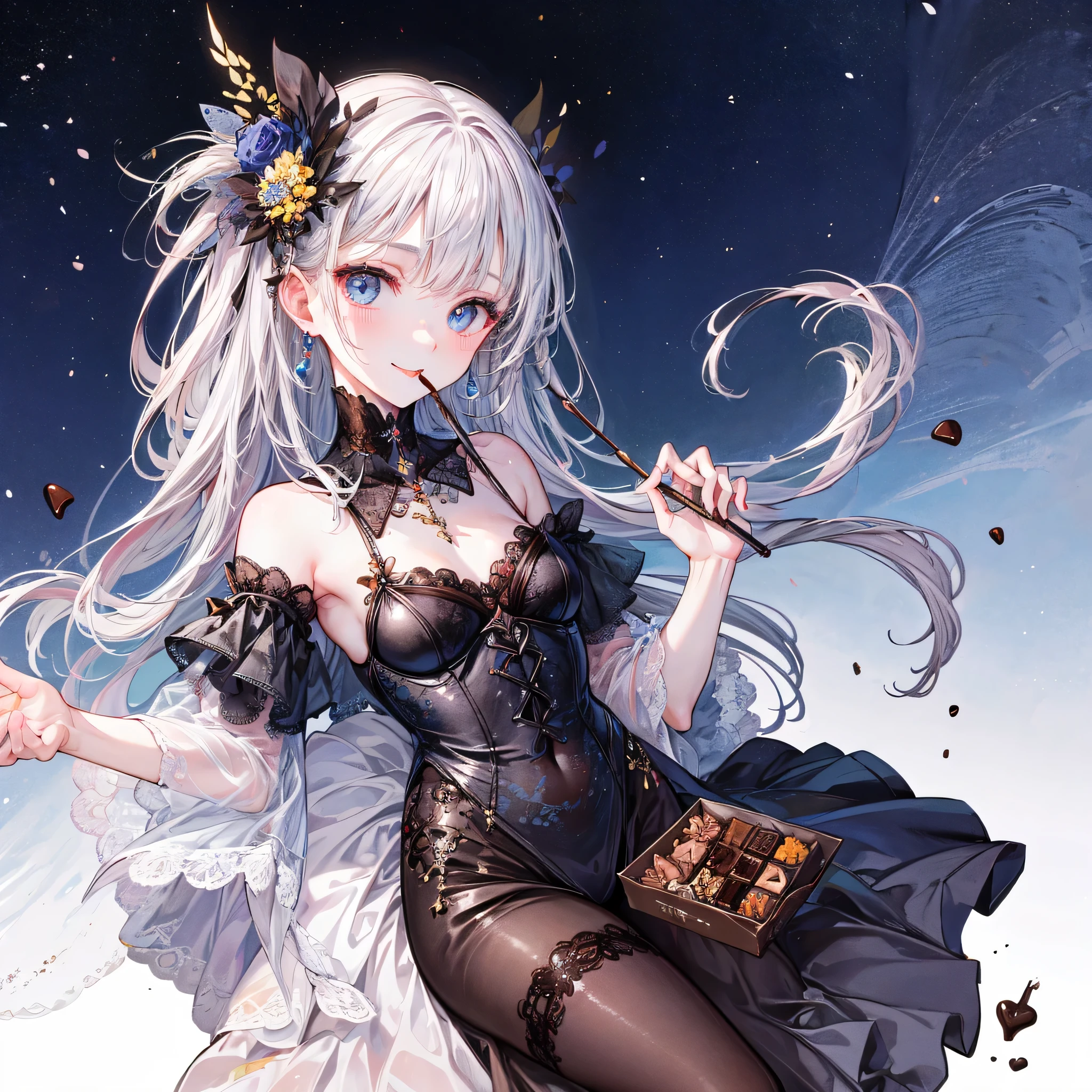 (masterpiece),(Top Quality:1.2),(1 girl),Beautifully Detailed Blue Eyes, Silver Hair, detailed skin, feels silky,It has a charming atmosphere,through delicate lines and gorgeous colors,Makes her beauty more vivid,devil smile、Licking chocolate、covered in chocolate、Temptation
