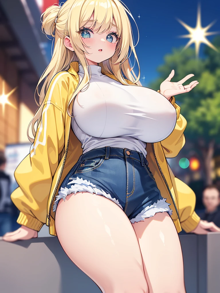1women, ((nude)), ((huge tits)), slim waist, outdoor, night city, ((busty)), blonde hair, green eyes, ponytail hair, smile, nipples, short pants, open mouth, view at camera, pussy, vagina, spreads legs, emotionless