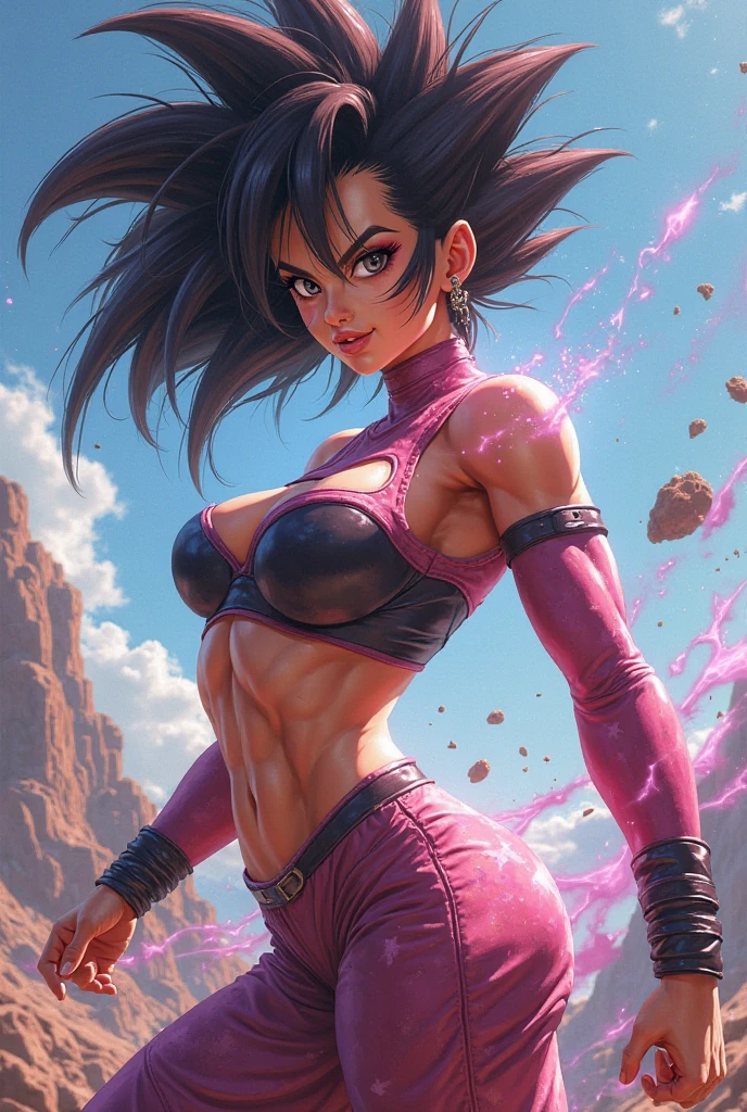 A woman with white skin. black fur.Tight black clothing. the left arm made of a pink crystal