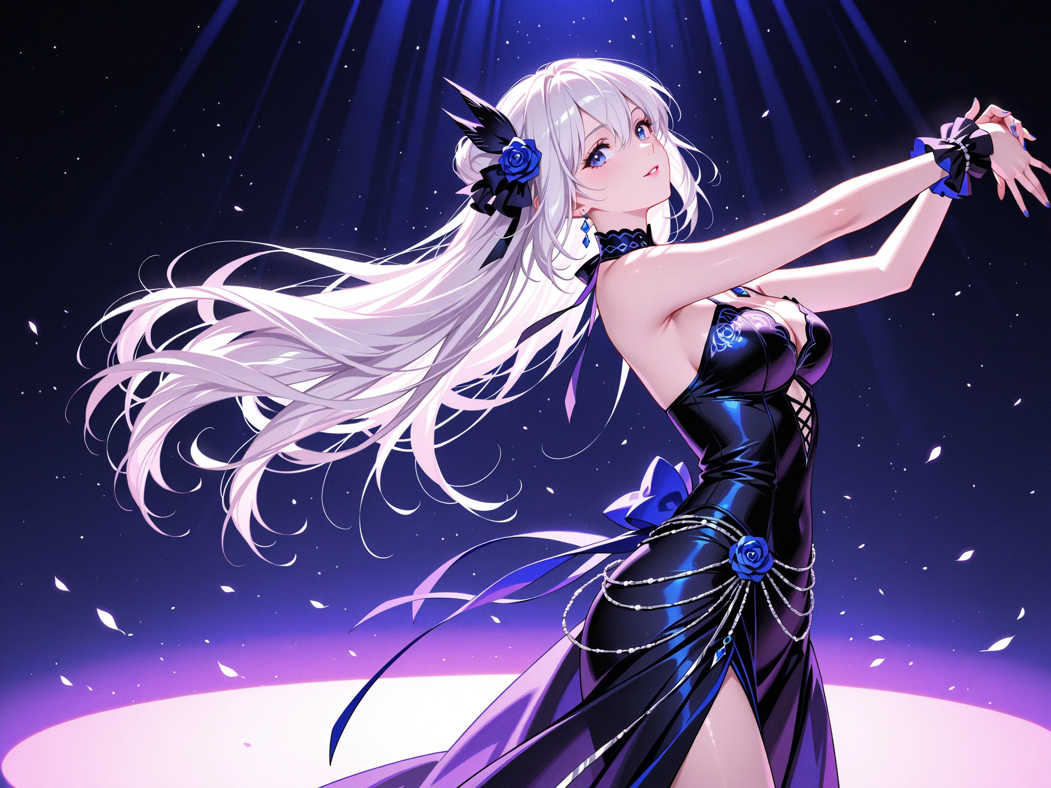 (Masterpiece:1.2), Top Quality, (Illustration:1.2),(Expertly crafted glow and lens flare), (Ultra detail), Hyper detail, (Delicate detail), (Cinematic light, Top quality backlight), Clear lines, Solo woman, Solo woman, Perfect body, (1 girl), (Bioluminescent hair:1.2), (Glowing eyes), ( Dynamic:1.2, ((Make up)), High contrast, (best lighting, very delicate and beautiful), ((Cinematic light)), Colorful, Powerful, (Cinematic masterpiece), Stick figure, splashes of color, absolutely eye-catching, ((splashes of colorful paint on the background, Durax,)), (Caustic)), Dynamic angle, Beautiful detailed smoke, (captivating), (intricately detailed movie background: 1.1), ambient occlusion, ambient light, ray-traced reflections, shine, glowing aura, sparkling hair, bluish silver ponytail, (drooping heterochromia iris: 1.3), 15 years old, girl with a gentle smile, shy girl, slender, game CG, cowboy shot, deep shadow, chic dresses, large bouquets,
