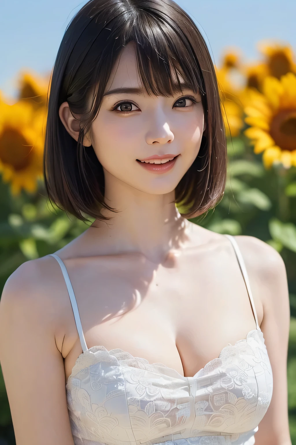 One Girl, (Beautiful girl, Delicate girl:1.3), (16 years old:1.3),
break,  (Summer off-the-shoulder tops:1.2),
break, (Sunflower field background:1.2),
break, smile, Very beautiful eyes, (Symmetrical eyes:1.3),
break, (Big Breasts:1.3), Brown eyes, Parted bangs, Brown bob cut hair, Round face, cute,
break, (Eye and facial details:1.0),
break, (masterpiece, Highest quality, Super detailed, Detailed face, 8K)