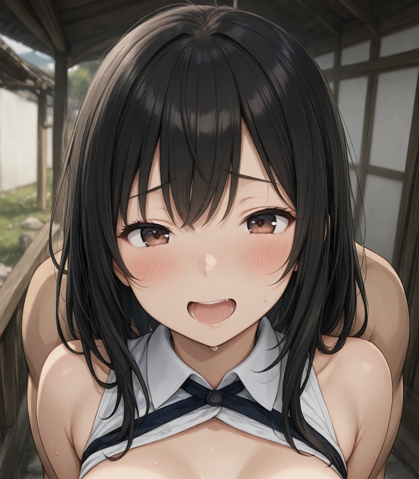 night,Outdoor,Girl,Red eyes,Long twin tails,Brown Hair,Eyebrows visible through hair,(Flat Chest),Blue yukata,Cleavage,Nipples,orgasm,in heat,upper body,intercourse with a man,boy,boy face on breast, {{{suck nipple, lick nipple}}}, tongue touch nipple, orgasm,