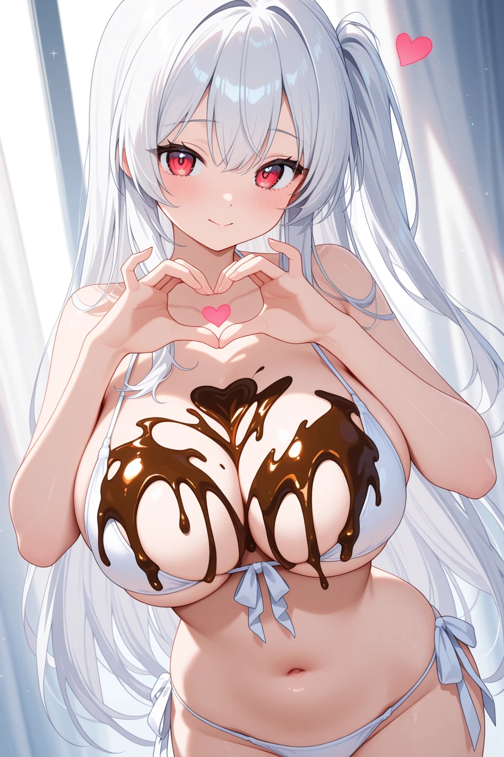 hyperrealistic, 1girl, white hair, purple eyes, glowing eyes, nude, choker, pasties on nipples, breast window, underboob, thong, visible white pubic hair, stockings, wide hips, huge breasts, parted lips, blush, light smile, night, moon, moonlight, flowers in the backround, bare arms, lingerie arm band
