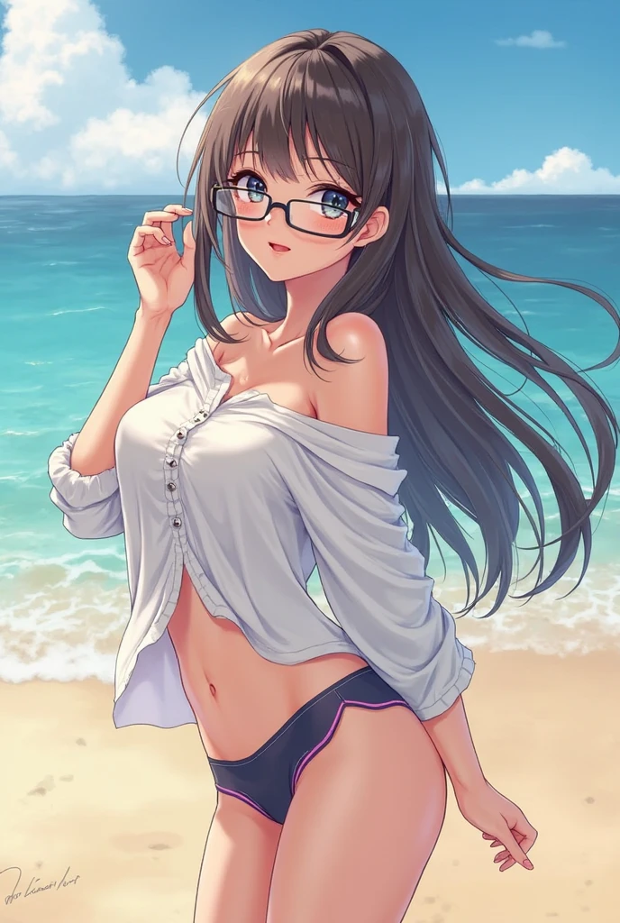 1 female、Brown Hair、Brown eyes、Highest quality、Very detailed、8 Resolution、RAW Photoasterpiece、Perfect body、High resolution、Highest quality、Detail view、Vibrant colors、Lure、smile、Long Hair、Black-rimmed glasses、Captivating breasts、Ocean、Black Bikini