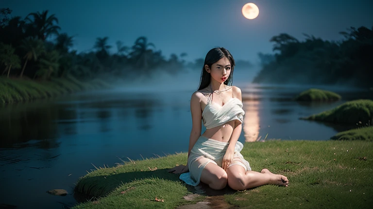 , ((masterpiece, highest quality, Highest image quality, High resolution, photorealistic, Raw photo, 8K, Extremely detailed CG unified 8k wallpaper)), (huge stunning goddess shot, very hot and sexy, jaw-dropping beauty, perfect proportions, beautiful body, slim body beauty(1:4), full moon floating in background, silence of night, mysterious atmosphere, seen from below, kneeling on floor, showing left armpit, black bra white skirt, earrings