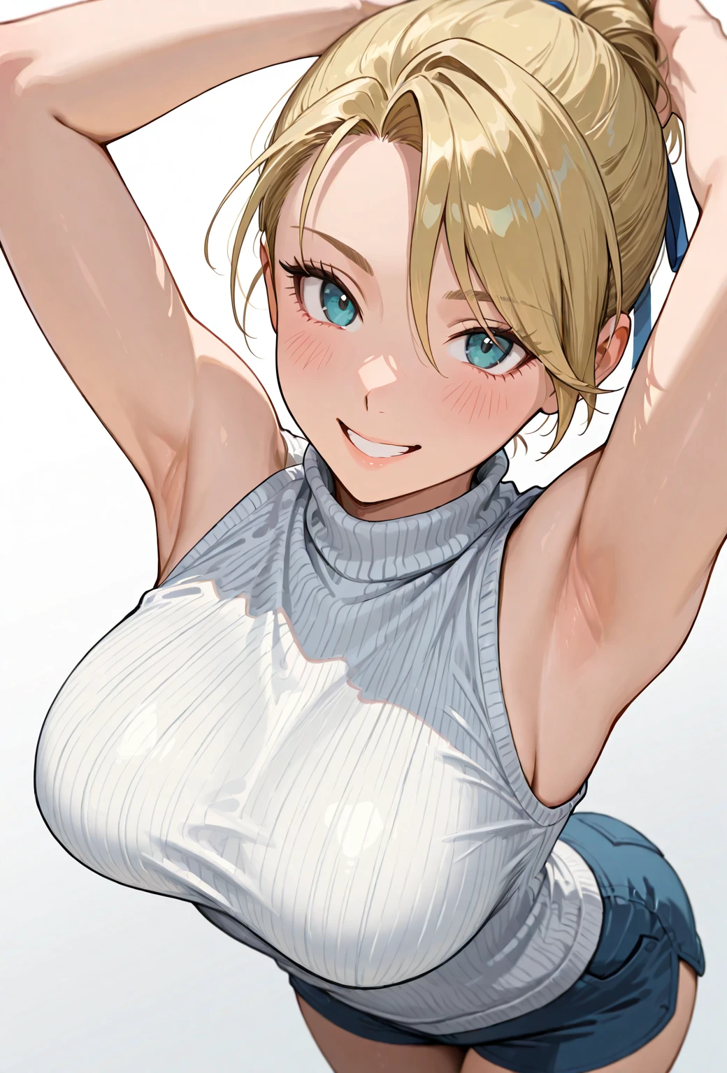 masterpiece, best quality, looking at viewer, upper body, portrait, looking at viewer, seductive smile, put your hands behind your head, armpits, armpits visible, sweaty armpits, Jean, very large breasts, blonde hair, blue eyes, ponytail