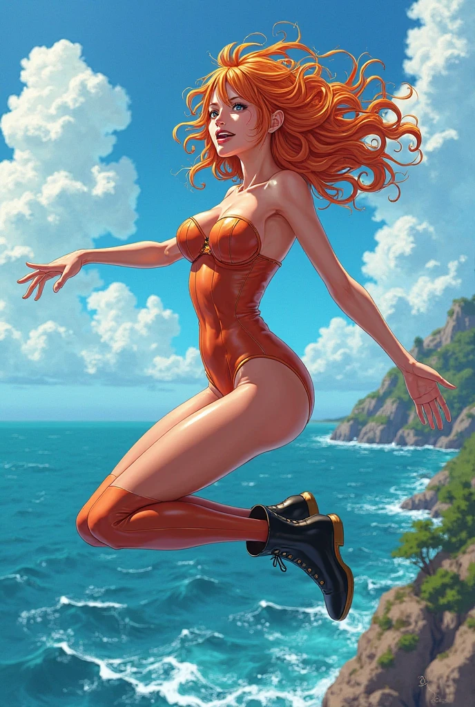 nami from one piece completly naked with Big boobs and showing his feet