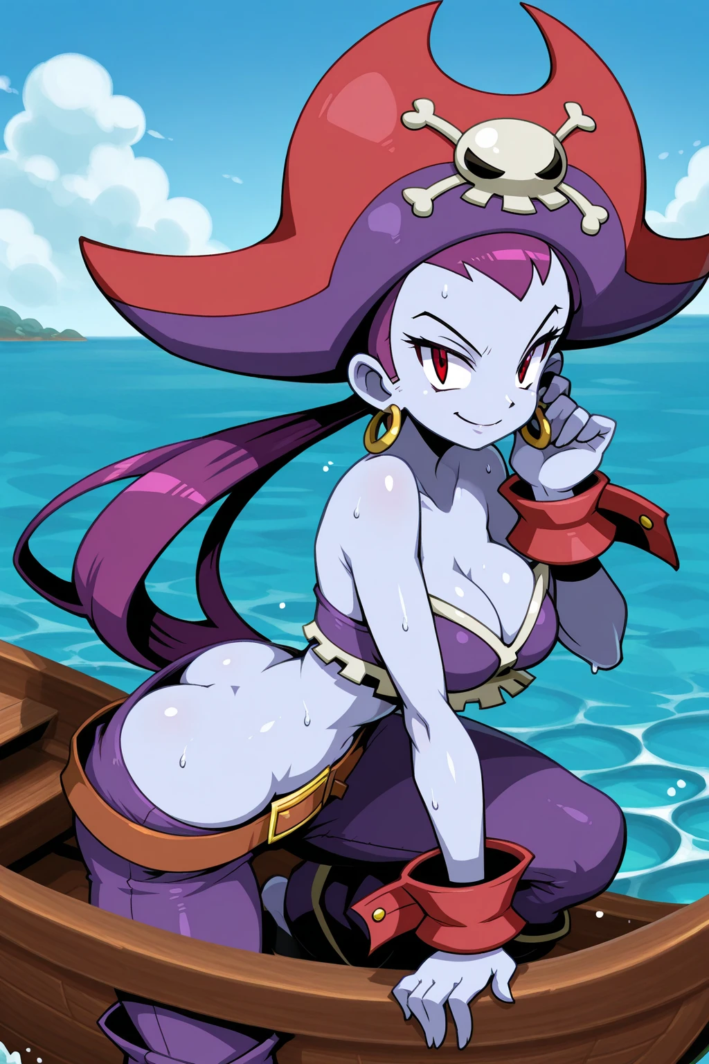 masterpiece, best quality, risky, purple skin, pirate hat, choker, wrist cuffs, hoop earrings, bustier, belt, purple pants, jungle, contrapposto, looking at viewer, smug, furrowed brow, smile, sky <lora:risky-nvwls-v1-000012:0.9>