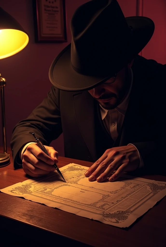 Postage stamp of a silhouetted figure with a fedora hat in a 1940s detective office, a soft glow from a desk lamp casting long shadows, 10c written, postmark, echoing film noir intrigue <lora:Dark_Fantasy_Postage_Stamp:1>.