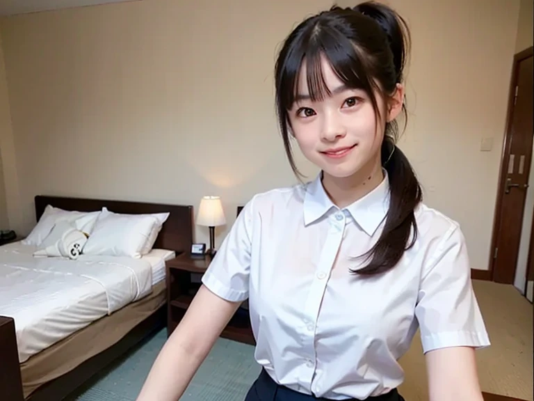 (Masterpiece, BestQuality:1.2), (hyperrealistic:1.1), (8k,Photorealistic), (superrealistic:1.2),girl taking a selfie,japanese,19yo,ponytail hair,school-uniform,((skirt-lift and shows her panties)),(panties visible:1.5),(she takes pleasure in showing her panties),She is smiling brightly and posing happily,The background is the girl's room.BREAK (eyes with large brown irises, blunt bangs,small mouth, fresh lips,nose blush),shiny skin,