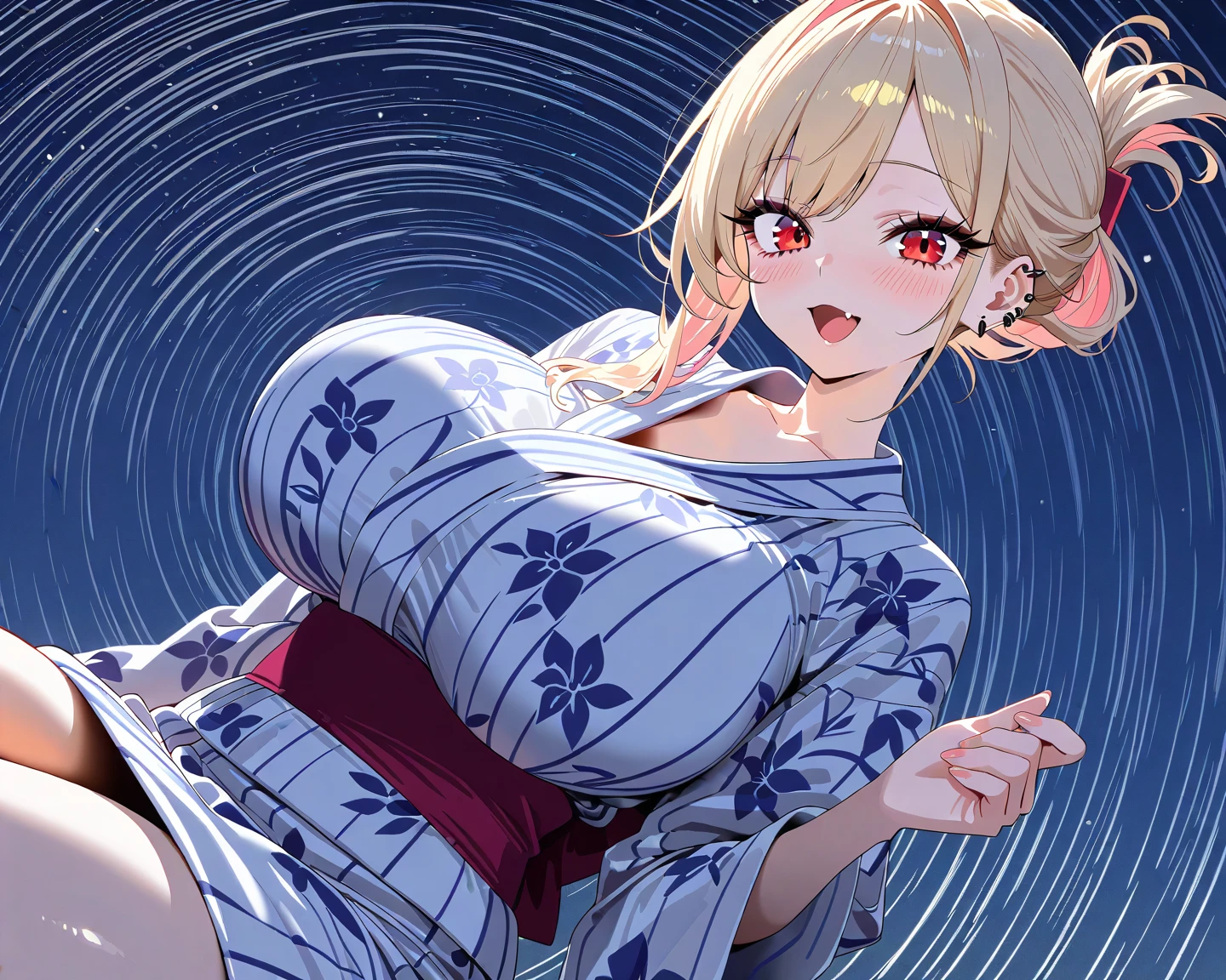 ((One personの女性)), Beautiful Face,(Laughing embarrassedly), (naughty face:1.2), ((Wink:1.9)), (head tilt:1.3), Laughing with your mouth open, upper teeth, ((Bright red cheeks:1.4)),Glossy pink lips,sit, ((spread legs:1.4)), ((showing white thong)), ((thigh focus)), looking down at viewer, touch the thong with her hand, Shining Face, night, Observatory, Festival decorations, firework, ((Anime style background)),masterpiece, Highest quality, so beautiful,up to date, Complex details, (Pink long nails),(ring),(bracelet),(choker),AI-generated, Complex,High resolution, Highest quality, super high quality,3D Images、3D Images,One person,Long blonde hair,ponytail, wavy hair ,Anime woman posing for a photo, ((Fine grain、Turquoise Eyes、Shining Eyes:1.3)), (Squint your eyes:1.1),a hyperRealistic , hyperRealistic , Realistic,Anime woman with long white hair, Smooth anime CG art, A woman in a colorful kimono with gold embroidery, (Pink long sleeve kimono),Red floral pattern,Long flower hair ornament,Earrings,Mature Body,(Big Breasts:1.1),Tall,Abdominal muscles,Tight waist,(Zoom up to face:1.1), ((from the side and slightly from below)),