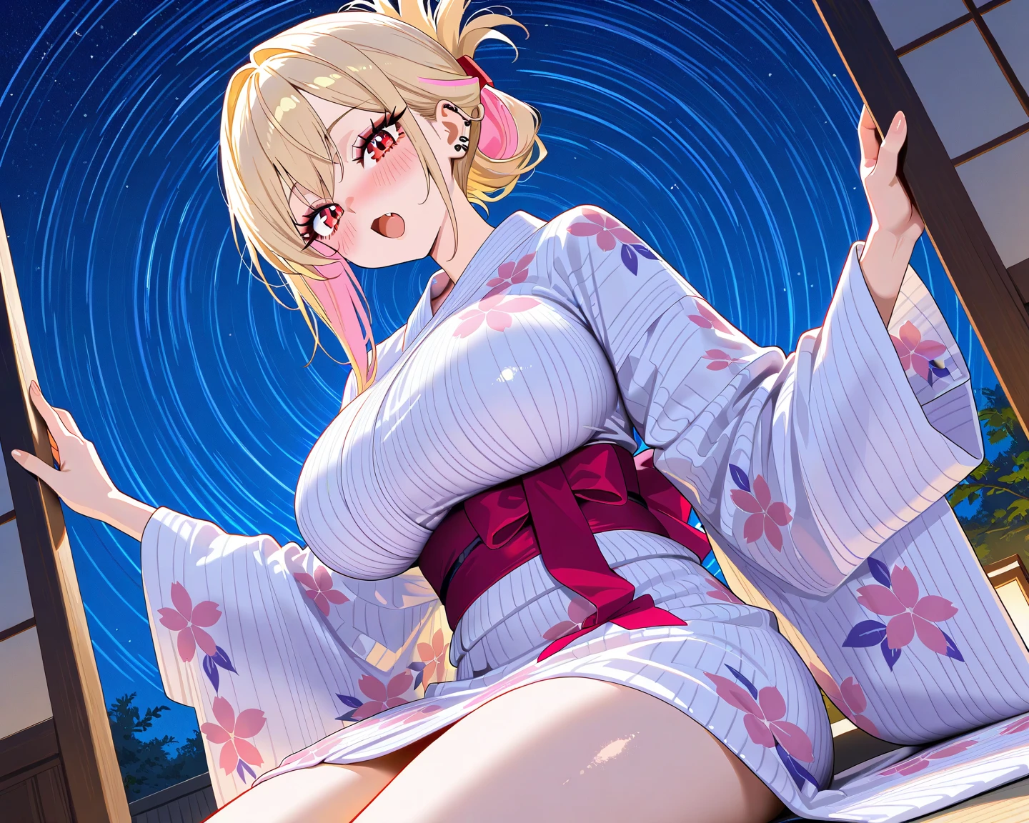 Inside,(night),Japanese-style room,On the futon,Rika Jougasaki,Yellow and orange hair hoop, yukata,undressing,blush,,blush,(naked),((Small breasts)), smile,spread her pussy